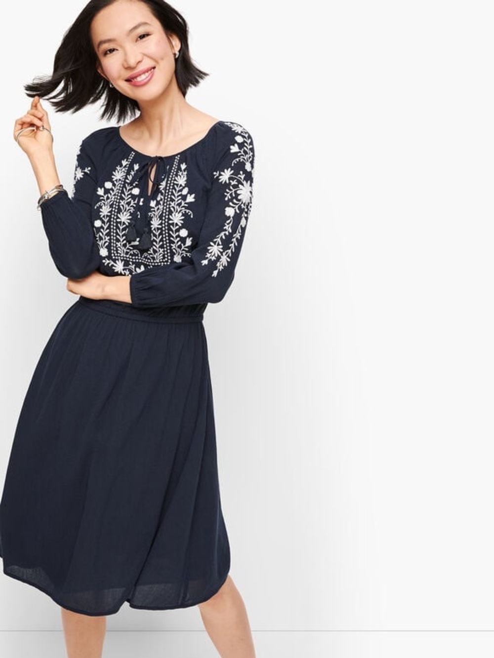 [Tablots] Indigo Embroidered Cotton Gauze A-Line Peasant Tassel Tie Dress